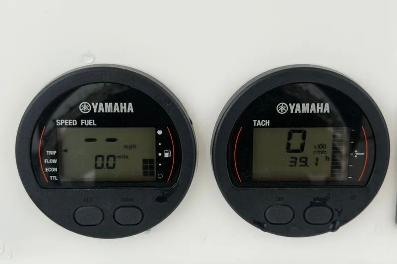 Slide: The Image of Yamaha speed and tachometer gauges on a 2020 Sea Fox 228 Commander boat. - 25