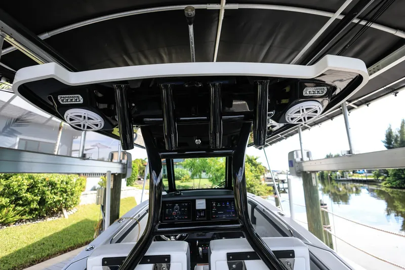 Slide: The Image of 2019 Blackfin 272 CC boat interior with speakers and control panel. - 10