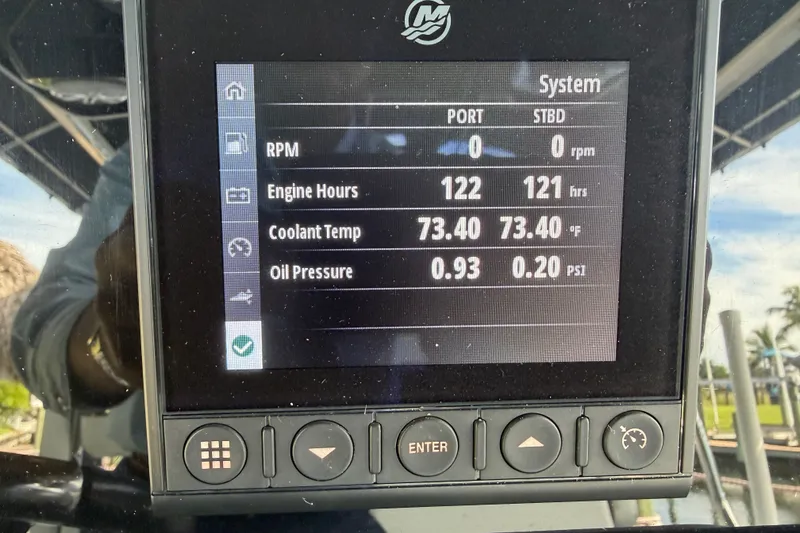 Slide: The Image of Display screen of a 2019 Blackfin 272 CC showing engine metrics. - 12