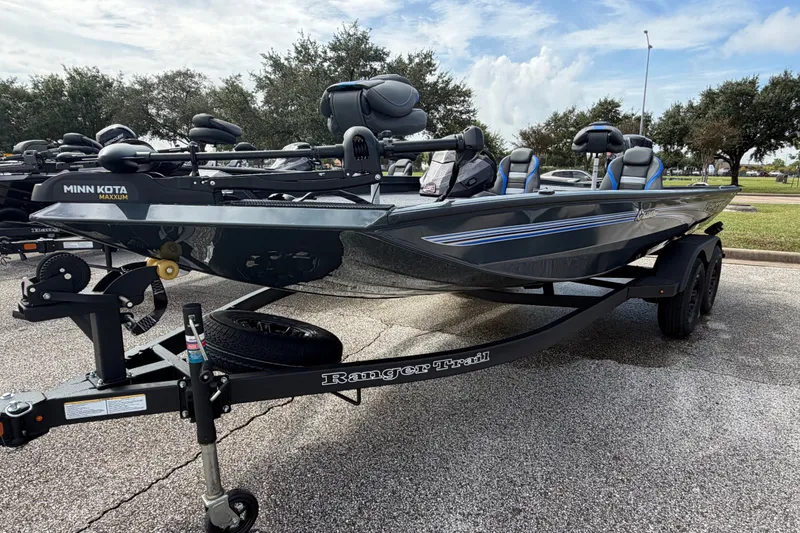 Slide: The Image of 2027 Ranger RT188P fishing boat on trailer, featuring Minn Kota Maxxum trolling motor. - 107