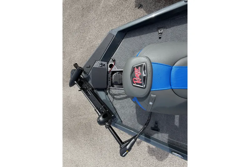 Slide: The Image of 2027 Ranger RT188P boat interior with blue-accented seat and control panel. - 117