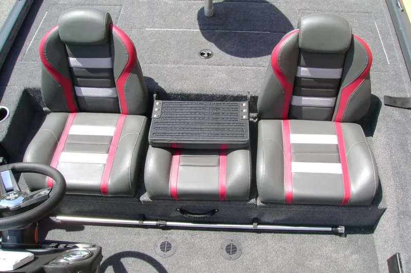 Slide: The Image of 2027 Ranger RT188P boat interior with gray and red seats, featuring a central console. - 10