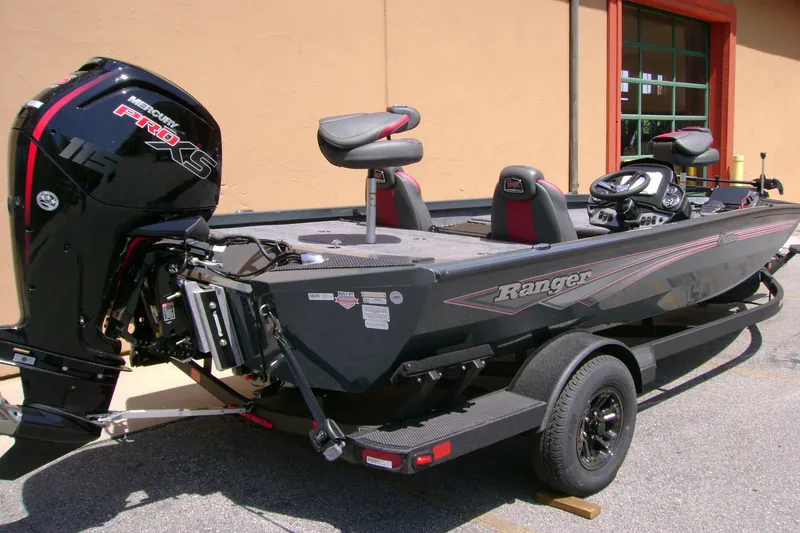 Slide: The Image of 2027 Ranger RT188P fishing boat with Mercury Pro XS engine, parked on trailer. - 3