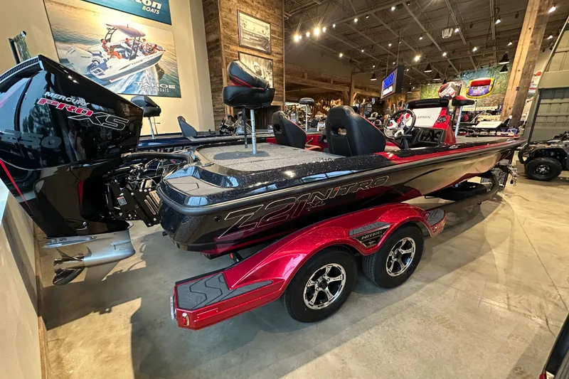 Slide: The Image of 2027 Nitro Z21 XL Pro boat with Mercury Pro XS engine in showroom. - 4