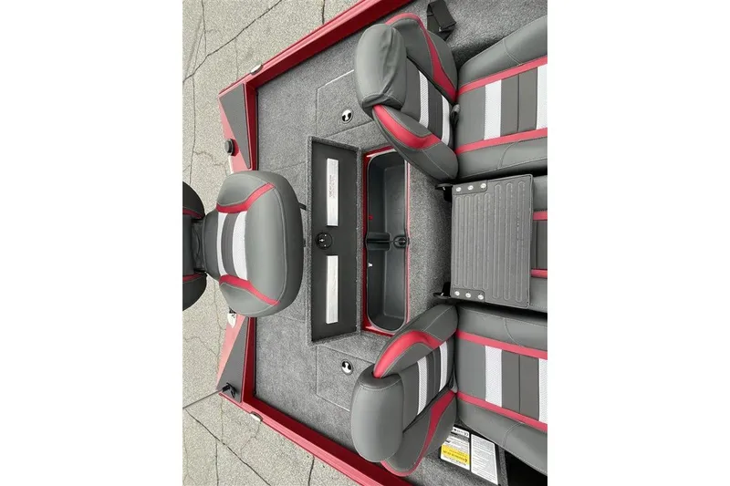 Slide: The Image of 2027 Ranger RT178 boat interior with gray and red seating and storage compartments. - 12