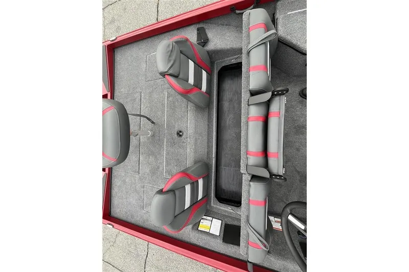 Slide: The Image of 2027 Ranger RT178 boat interior with gray and red seating, overhead view. - 8