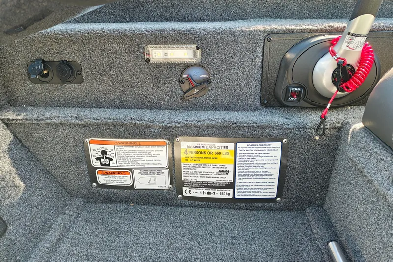Slide: The Image of Control panel of 2027 Ranger RT198P boat with safety warnings and capacity details. - 20