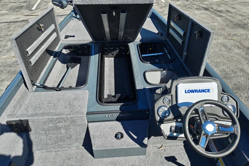 Slide: The Image of 2027 Ranger RT198P boat interior with open storage compartments and Lowrance navigation system. - 26