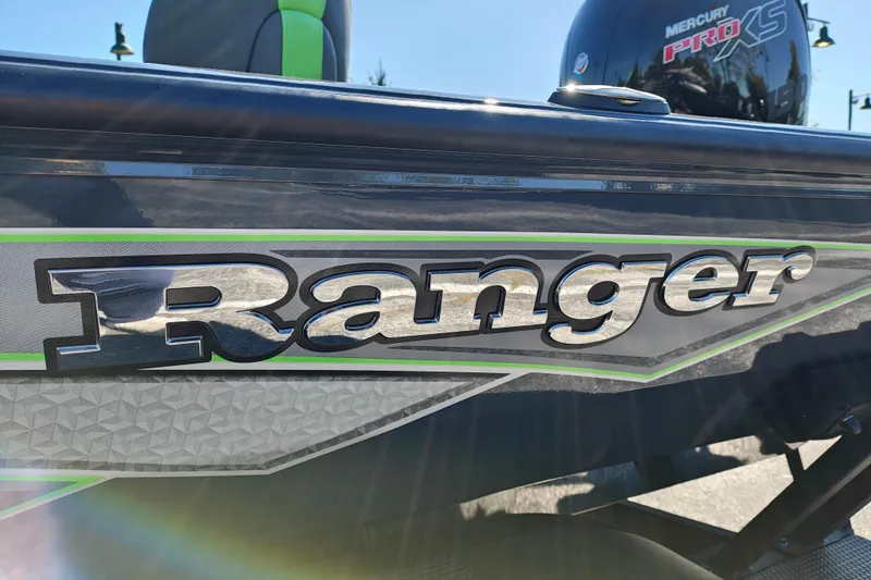 Slide: The Image of 2027 Ranger RT198P boat with Mercury Pro XS engine, close-up of logo. - 5