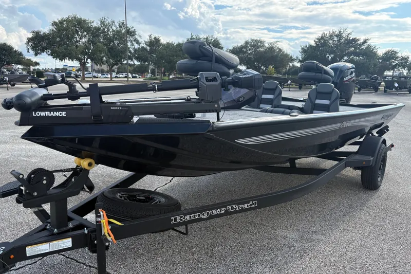 The Image of 2027 Ranger RT178C fishing boat on trailer, equipped with Lowrance Ghost trolling motor. - 0