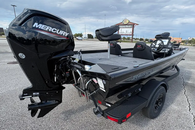 The Image of 2027 Ranger RT178C boat with Mercury engine in parking lot, showcasing sleek design. - 0
