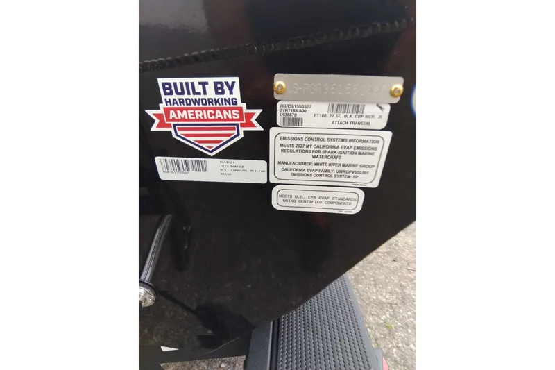Slide: The Image of 2027 Ranger RT188 boat with "Built by Hardworking Americans" sticker and emissions information. - 6