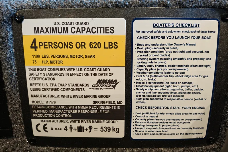 Slide: The Image of 2027 Ranger RT178 boat capacity label: 4 persons, 620 lbs, 75 HP motor, safety checklist included. - 25