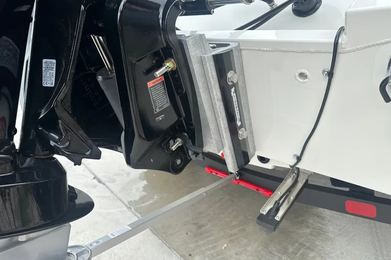 Slide: The Image of Close-up of a 2027 Ranger RT198P boat motor mount and hydraulic system. - 14