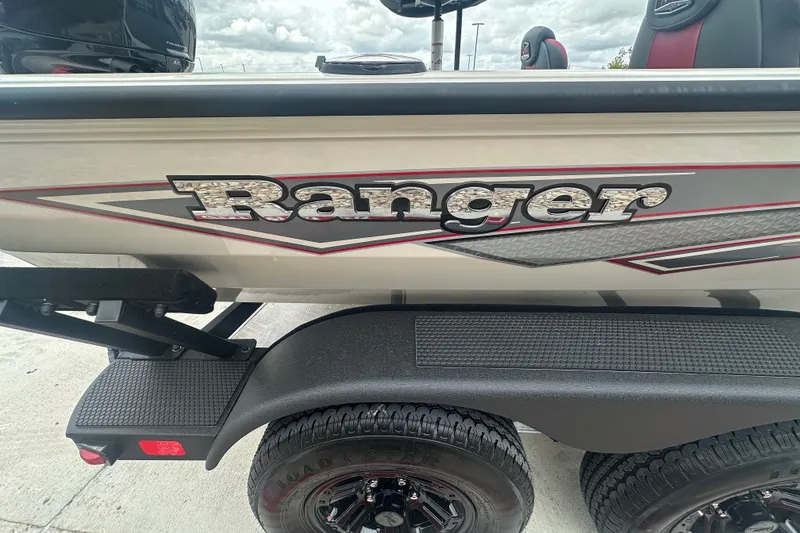Slide: The Image of 2027 Ranger RT198P boat side view with logo and trailer wheels. - 10