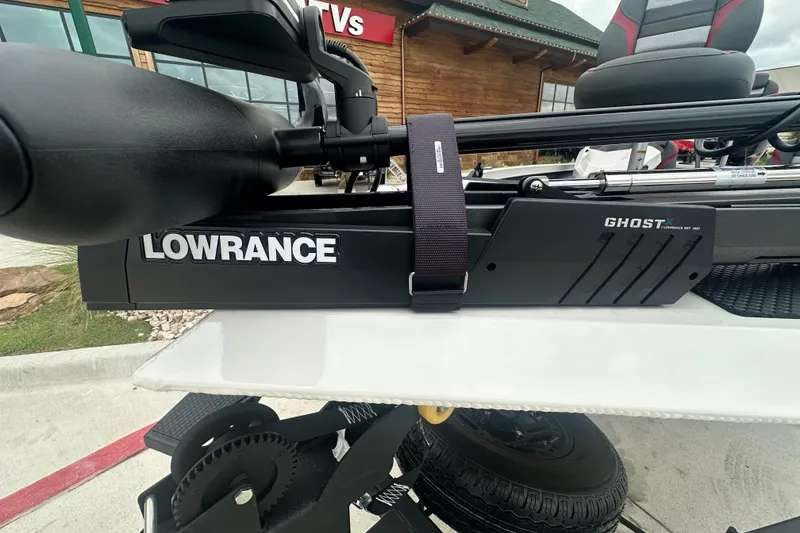Slide: The Image of Trolling motor on 2027 Ranger RT198P boat with Lowrance Ghost branding. - 19
