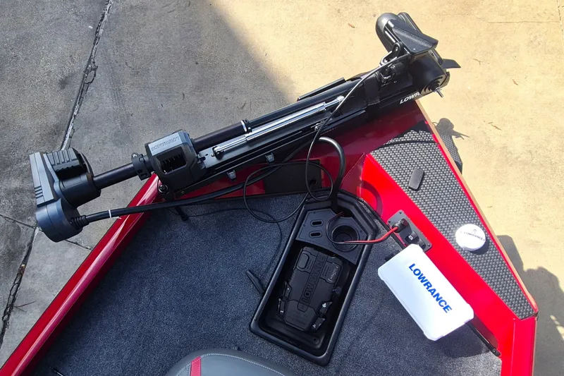 Slide: The Image of Ranger RT178 boat deck with Lowrance equipment, featuring a trolling motor, 2027 model. - 13