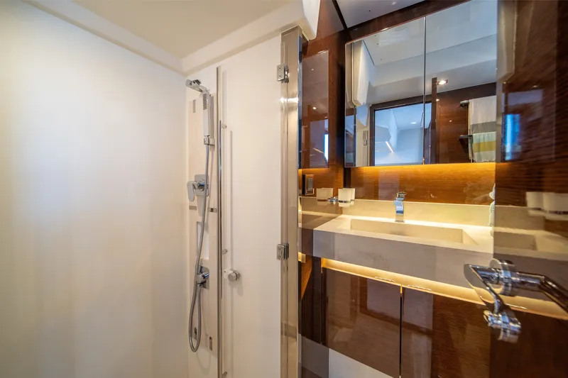 Slide: The Image of Luxurious bathroom interior of 2020 Prestige 520 yacht with modern fixtures and elegant design. - 22