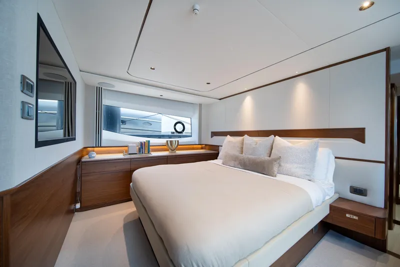 Slide: The Image of Luxurious bedroom interior of 2025 Princess F65 yacht, featuring elegant design and modern amenities. - 23