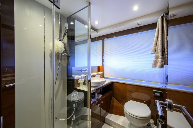 Slide: The Image of Luxurious bathroom in 2020 Princess F70 yacht with modern fixtures and elegant design. - 48