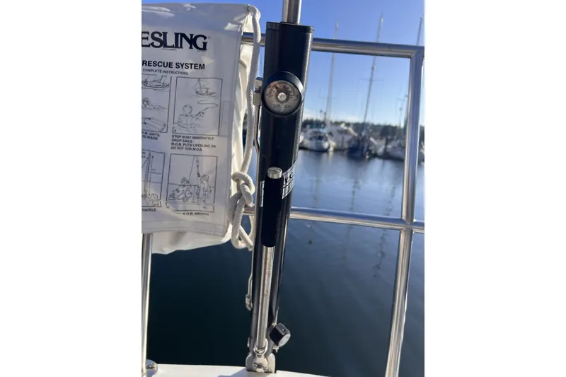 Slide: The Image of Close-up of a Nordic Boats 40 sailboat's rescue system, docked in a marina, 1981 model. - 33