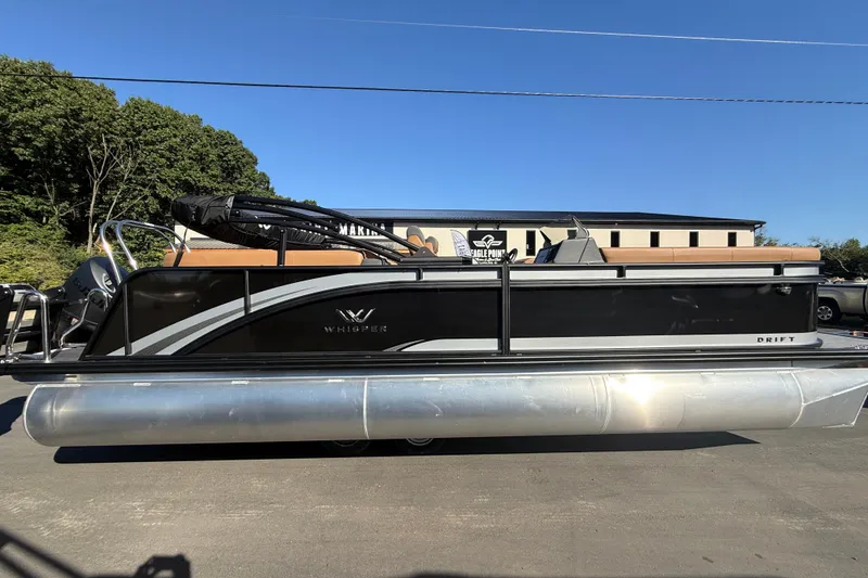 The Image of 2027 Whisper Drift RLS pontoon boat with sleek black design and modern features. - 1