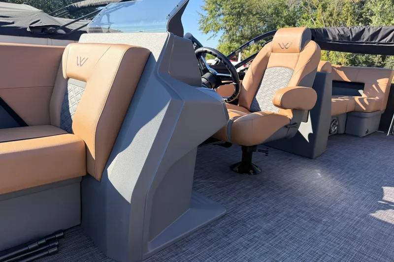 Slide: The Image of Luxurious interior of 2027 Whisper Drift RLS boat with tan leather seating and modern design. - 6
