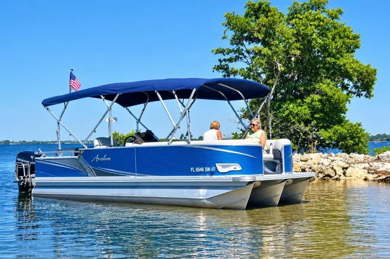 The Image of 2019 Avalon 2485LSZ pontoon boat on a sunny lake near a tree-lined shore. - 0