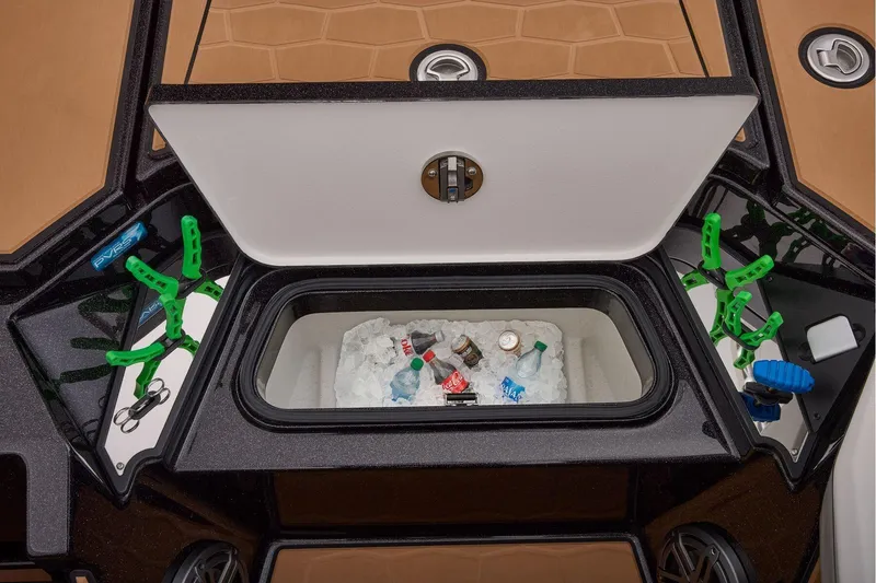 Slide: The Image of Manufacturer Provided Image: 2026 Ranger Z521R ULTRA boat cooler with drinks and ice, surrounded by green clips. - 38