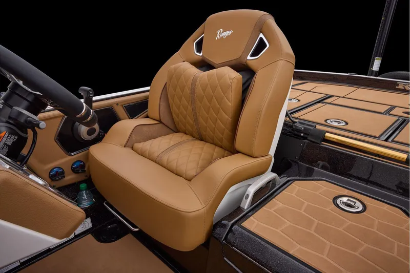 Slide: The Image of Manufacturer Provided Image: Luxurious interior of 2026 Ranger Z521R ULTRA boat with tan leather seating. - 49