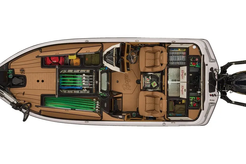 Slide: The Image of Manufacturer Provided Image: 2026 Ranger Z521R ULTRA boat interior, top view showing seating, storage, and fishing equipment. - 17