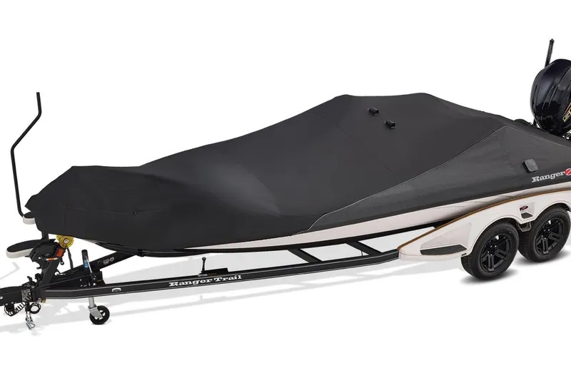 Slide: The Image of Manufacturer Provided Image: 2026 Ranger Z521R ULTRA boat covered on trailer, black cover, dual-axle wheels. - 12