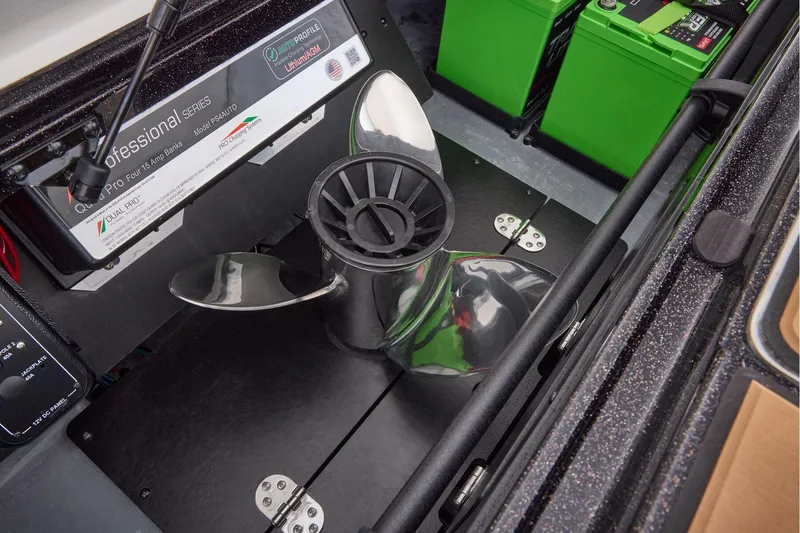 Slide: The Image of Manufacturer Provided Image: 2026 Ranger Z521R ULTRA boat battery compartment with propeller and lithium batteries. - 64