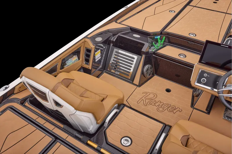 Slide: The Image of Manufacturer Provided Image: 2026 Ranger Z521R ULTRA boat interior with tan seats and advanced dashboard. - 52