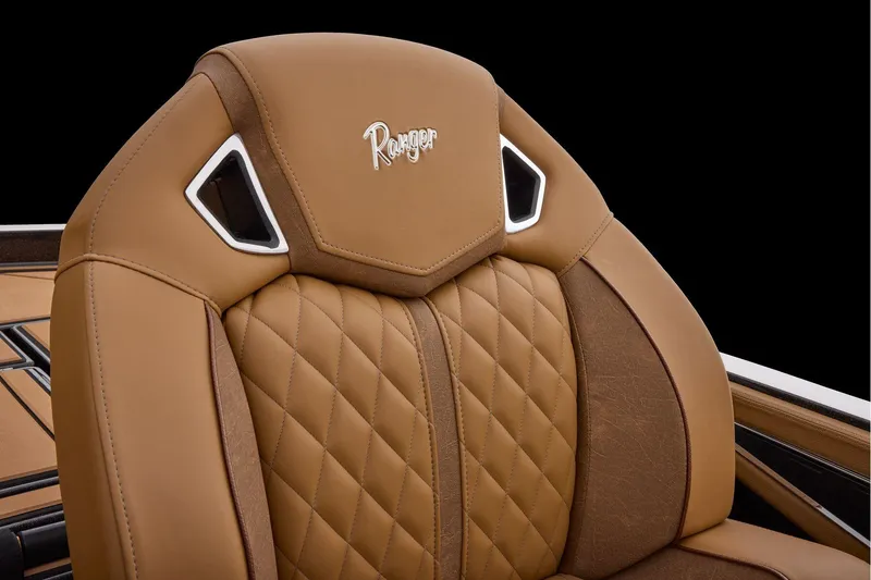 Slide: The Image of Manufacturer Provided Image: Luxurious brown leather seat of 2026 Ranger Z521R ULTRA boat, featuring quilted design. - 50
