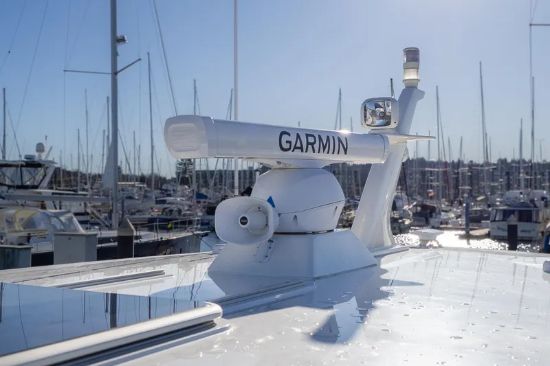 Slide: The Image of Garmin radar on 2021 Sabre 45 Salon Express yacht, docked in marina. - 10