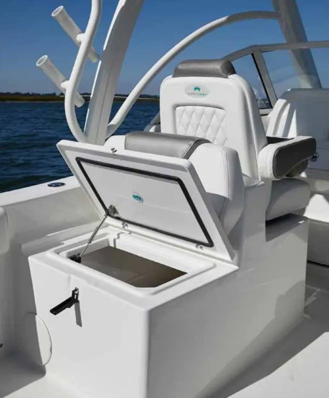 Slide: The Image of A sleek seat with built-in storage on a boat, surrounded by water. - 17