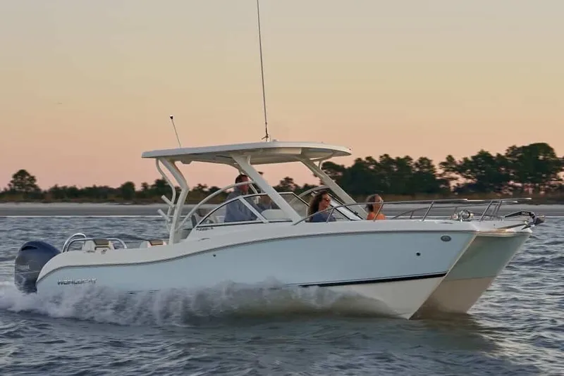 Slide: The Image of A 2013 World Cat 255 DC cruising on the water at sunset with several people on board. - 3