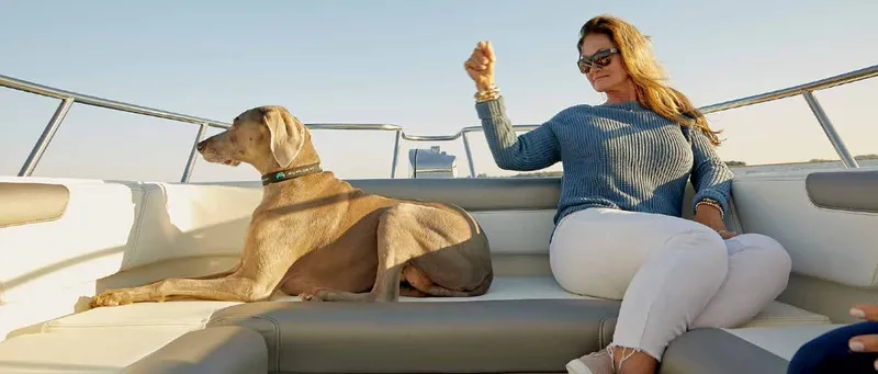 Slide: The Image of A woman and a dog relax on a boat with cushioned seating. - 23