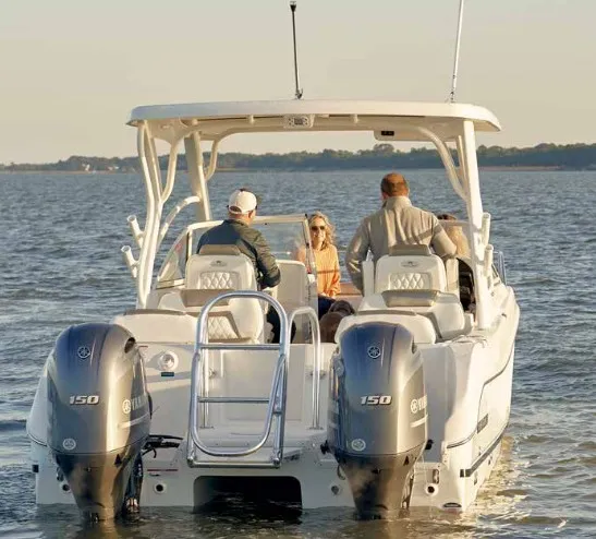 Slide: The Image of A 2013 World Cat 255 DC boat on calm water with four people on board. - 4