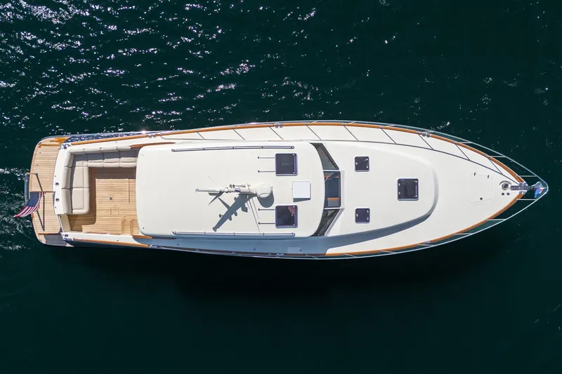 Slide: The Image of Overhead view of 2019 Palm Beach Motor Yachts Express on water. - 33