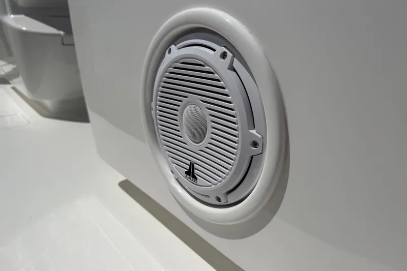 Slide: The Image of Close-up of a speaker on a 2024 Valhalla V-33 boat. - 18