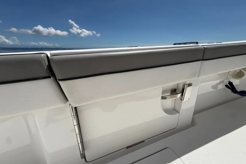 Slide: The Image of 2024 Valhalla V-33 boat interior with sleek seating and ocean view. - 13