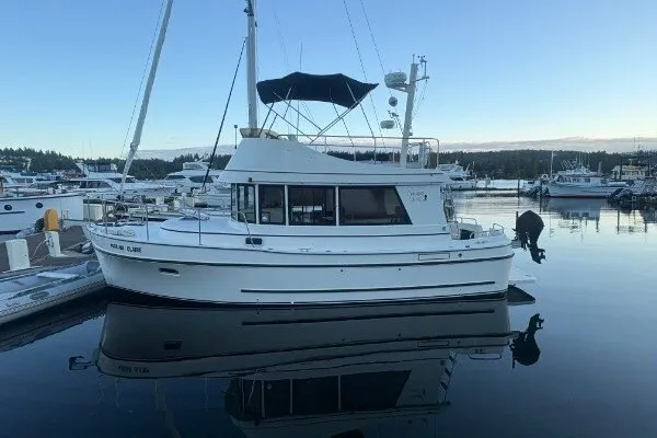 Slide: The Image of 2005 Camano 31 Troll boat docked in a serene marina setting. - 2