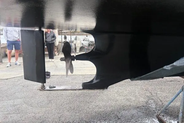 Slide: The Image of 2005 Camano 31 Troll boat hull and propeller in dry dock. - 40