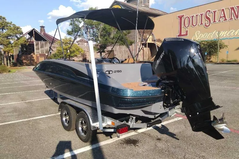 Slide: The Image of 2027 Tahoe 2150 boat on trailer, parked near Louisiana Sportsman building. - 4
