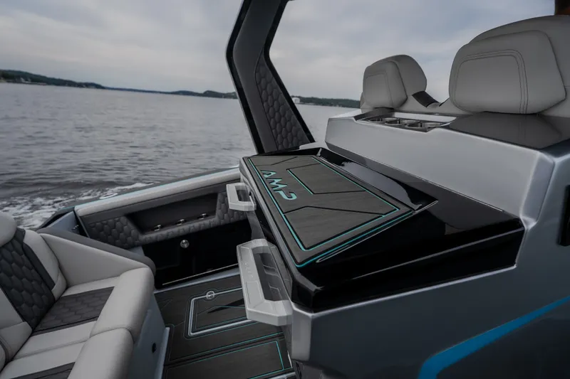 Slide: The Image of Luxurious interior of 2025 AMP 333 CC boat with sleek seating and modern design. - 33