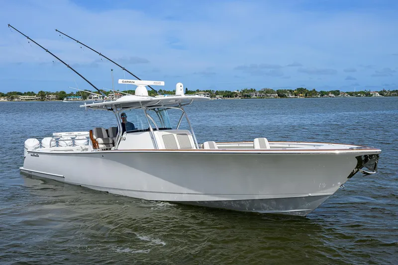Slide: The Image of 2022 Valhalla Boatworks V-41 center console boat on calm water. - 1