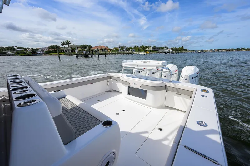 Slide: The Image of 2022 Valhalla Boatworks V-41 on water, spacious deck, triple outboard engines. - 19