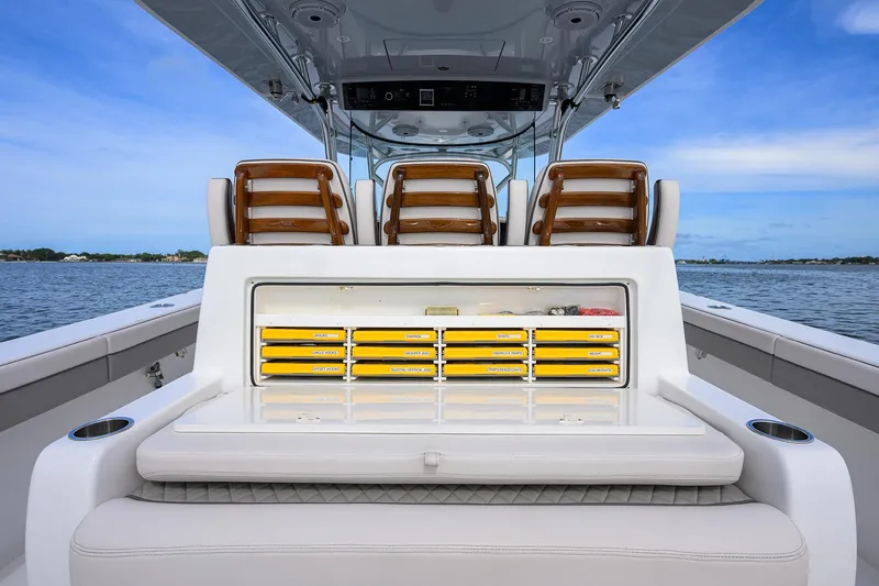 Slide: The Image of 2022 Valhalla Boatworks V-41 with organized tackle storage on deck. - 43